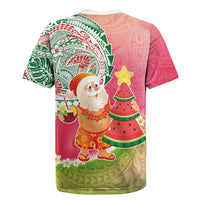 Hawaiian Watermelon Mele Kalikimaka Rugby Jersey Tropical Tribal Pattern with Funny Santa Claus