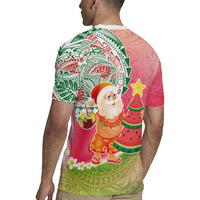 Hawaiian Watermelon Mele Kalikimaka Rugby Jersey Tropical Tribal Pattern with Funny Santa Claus