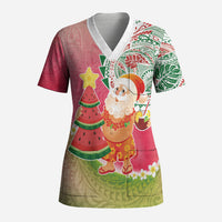 Hawaiian Watermelon Mele Kalikimaka Scrub Top Tropical Tribal Pattern with Funny Santa Claus