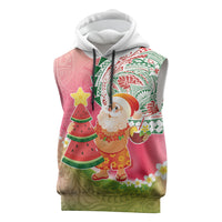 Hawaiian Watermelon Mele Kalikimaka Sleeveless Hoodie Tropical Tribal Pattern with Funny Santa Claus
