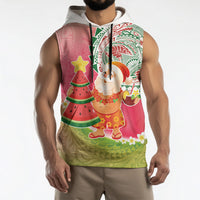 Hawaiian Watermelon Mele Kalikimaka Sleeveless Hoodie Tropical Tribal Pattern with Funny Santa Claus