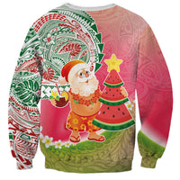 Hawaiian Watermelon Mele Kalikimaka Sweatshirt Tropical Tribal Pattern with Funny Santa Claus