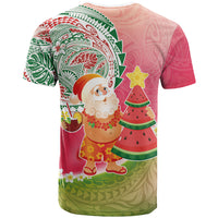 Hawaiian Watermelon Mele Kalikimaka T Shirt Tropical Tribal Pattern with Funny Santa Claus