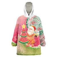 Hawaiian Watermelon Mele Kalikimaka Wearable Blanket Hoodie Tropical Tribal Pattern with Funny Santa Claus