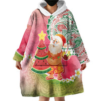 Hawaiian Watermelon Mele Kalikimaka Wearable Blanket Hoodie Tropical Tribal Pattern with Funny Santa Claus