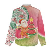 Hawaiian Watermelon Mele Kalikimaka Women Casual Shirt Tropical Tribal Pattern with Funny Santa Claus