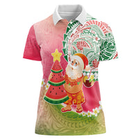 Hawaiian Watermelon Mele Kalikimaka Women Polo Shirt Tropical Tribal Pattern with Funny Santa Claus