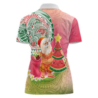 Hawaiian Watermelon Mele Kalikimaka Women Polo Shirt Tropical Tribal Pattern with Funny Santa Claus