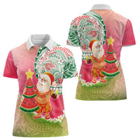 Hawaiian Watermelon Mele Kalikimaka Women Polo Shirt Tropical Tribal Pattern with Funny Santa Claus
