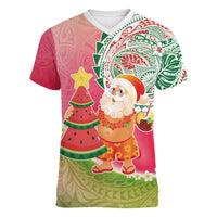 Hawaiian Watermelon Mele Kalikimaka Women V-Neck T-Shirt Tropical Tribal Pattern with Funny Santa Claus