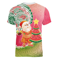 Hawaiian Watermelon Mele Kalikimaka Women V-Neck T-Shirt Tropical Tribal Pattern with Funny Santa Claus