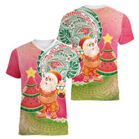 Hawaiian Watermelon Mele Kalikimaka Women V-Neck T-Shirt Tropical Tribal Pattern with Funny Santa Claus