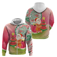 Hawaiian Watermelon Mele Kalikimaka Zip Hoodie Tropical Tribal Pattern with Funny Santa Claus
