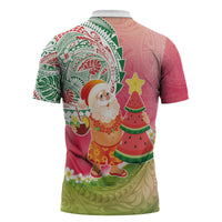 Hawaiian Watermelon Mele Kalikimaka Zipper Polo Shirt Tropical Tribal Pattern with Funny Santa Claus