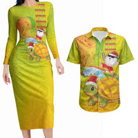 Hawaiian Mango Mele Kalikimaka Couples Matching Long Sleeve Bodycon Dress and Hawaiian Shirt Santa Claus Surfing with Turtle Mango Christmas