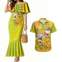 Hawaiian Mango Mele Kalikimaka Couples Matching Mermaid Dress and Hawaiian Shirt Santa Claus Surfing with Turtle Mango Christmas