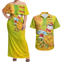 Hawaiian Mango Mele Kalikimaka Couples Matching Off Shoulder Maxi Dress and Hawaiian Shirt Santa Claus Surfing with Turtle Mango Christmas
