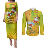 Hawaiian Mango Mele Kalikimaka Couples Matching Puletasi and Long Sleeve Button Shirt Santa Claus Surfing with Turtle Mango Christmas