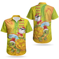 Hawaiian Mango Mele Kalikimaka Couples Matching Short Sleeve Bodycon Dress and Hawaiian Shirt Santa Claus Surfing with Turtle Mango Christmas
