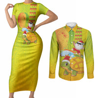 Hawaiian Mango Mele Kalikimaka Couples Matching Short Sleeve Bodycon Dress and Long Sleeve Button Shirt Santa Claus Surfing with Turtle Mango Christmas