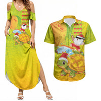 Hawaiian Mango Mele Kalikimaka Couples Matching Summer Maxi Dress and Hawaiian Shirt Santa Claus Surfing with Turtle Mango Christmas