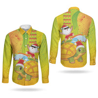 Hawaiian Mango Mele Kalikimaka Couples Matching Summer Maxi Dress and Long Sleeve Button Shirt Santa Claus Surfing with Turtle Mango Christmas