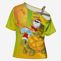 Hawaiian Mango Mele Kalikimaka Cross Shoulder Shirt Santa Claus Surfing with Turtle Mango Christmas