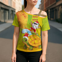 Hawaiian Mango Mele Kalikimaka Cross Shoulder Shirt Santa Claus Surfing with Turtle Mango Christmas
