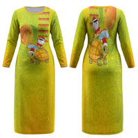 Hawaiian Mango Mele Kalikimaka Family Matching Long Sleeve Bodycon Dress and Hawaiian Shirt Santa Claus Surfing with Turtle Mango Christmas