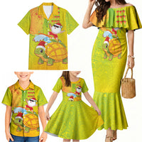 Hawaiian Mango Mele Kalikimaka Family Matching Mermaid Dress and Hawaiian Shirt Santa Claus Surfing with Turtle Mango Christmas