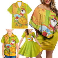 Hawaiian Mango Mele Kalikimaka Family Matching Off Shoulder Short Dress and Hawaiian Shirt Santa Claus Surfing with Turtle Mango Christmas