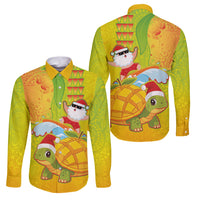 Hawaiian Mango Mele Kalikimaka Family Matching Short Sleeve Bodycon Dress and Hawaiian Shirt Santa Claus Surfing with Turtle Mango Christmas
