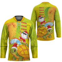 Hawaiian Mango Mele Kalikimaka Hockey Jersey Santa Claus Surfing with Turtle Mango Christmas