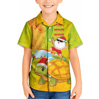 Hawaiian Mango Mele Kalikimaka Kid Hawaiian Shirt Santa Claus Surfing with Turtle Mango Christmas