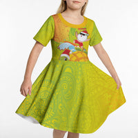 Hawaiian Mango Mele Kalikimaka Kid Short Sleeve Dress Santa Claus Surfing with Turtle Mango Christmas