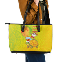 Hawaiian Mango Mele Kalikimaka Leather Tote Bag Santa Claus Surfing with Turtle Mango Christmas
