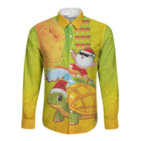 Hawaiian Mango Mele Kalikimaka Long Sleeve Button Shirt Santa Claus Surfing with Turtle Mango Christmas