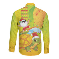 Hawaiian Mango Mele Kalikimaka Long Sleeve Button Shirt Santa Claus Surfing with Turtle Mango Christmas