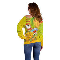Hawaiian Mango Mele Kalikimaka Off Shoulder Sweater Santa Claus Surfing with Turtle Mango Christmas