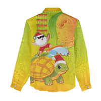 Hawaiian Mango Mele Kalikimaka Women Casual Shirt Santa Claus Surfing with Turtle Mango Christmas