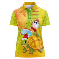 Hawaiian Mango Mele Kalikimaka Women Polo Shirt Santa Claus Surfing with Turtle Mango Christmas