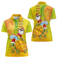 Hawaiian Mango Mele Kalikimaka Women Polo Shirt Santa Claus Surfing with Turtle Mango Christmas