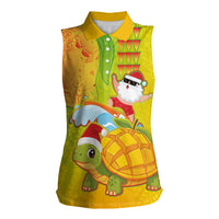 Hawaiian Mango Mele Kalikimaka Women Sleeveless Polo Shirt Santa Claus Surfing with Turtle Mango Christmas