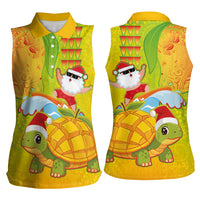 Hawaiian Mango Mele Kalikimaka Women Sleeveless Polo Shirt Santa Claus Surfing with Turtle Mango Christmas