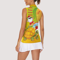 Hawaiian Mango Mele Kalikimaka Women Sleeveless Polo Shirt Santa Claus Surfing with Turtle Mango Christmas