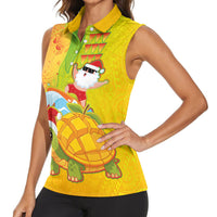 Hawaiian Mango Mele Kalikimaka Women Sleeveless Polo Shirt Santa Claus Surfing with Turtle Mango Christmas