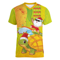 Hawaiian Mango Mele Kalikimaka Women V-Neck T-Shirt Santa Claus Surfing with Turtle Mango Christmas