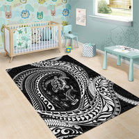 Hawaiian Turtle and Shark Area Rug Kakau Tribal with Polynesian Pattern Black Color