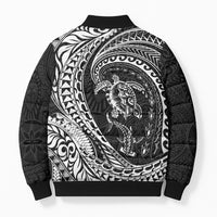 Hawaiian Turtle and Shark Bomber Puffer Jacket Kakau Tribal with Polynesian Pattern Black Color