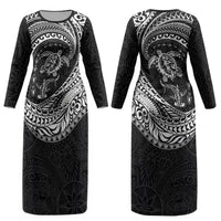 Hawaiian Turtle and Shark Couples Matching Long Sleeve Bodycon Dress and Hawaiian Shirt Kakau Tribal with Polynesian Pattern Black Color